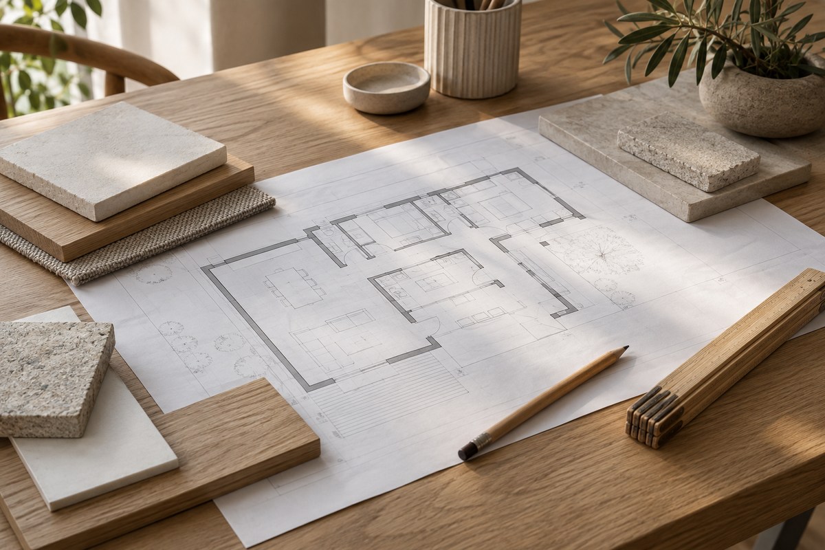 Ilustracyjna kompozycja projektu i próbek materiałów
